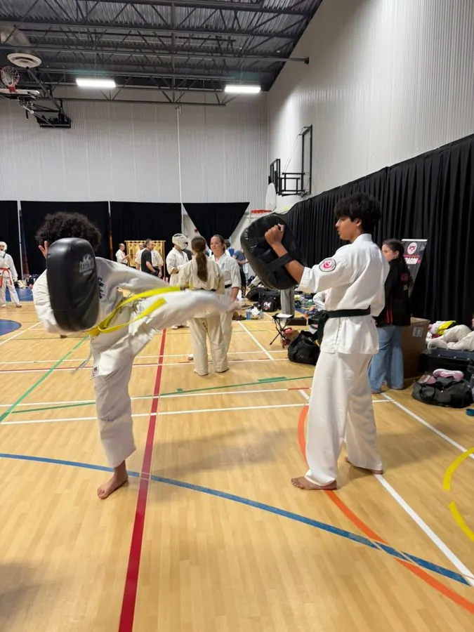 Kids class at the dojo: kicks on the shields