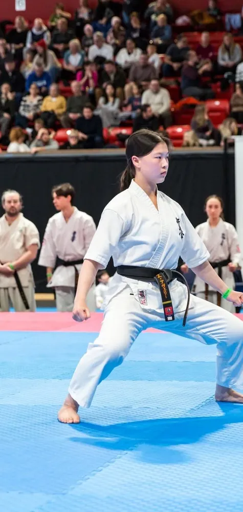 A karateka performing a kata in competition